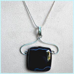 Black Onyx Square Pendant with 18" Sterling Necklace Artisan Crafted NEW